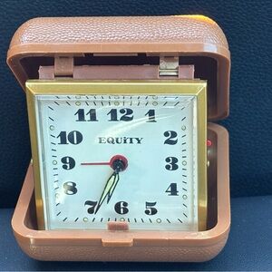 Vintage Equity Folding Travel Wind-Up Alarm Clock With Brown Case Works well